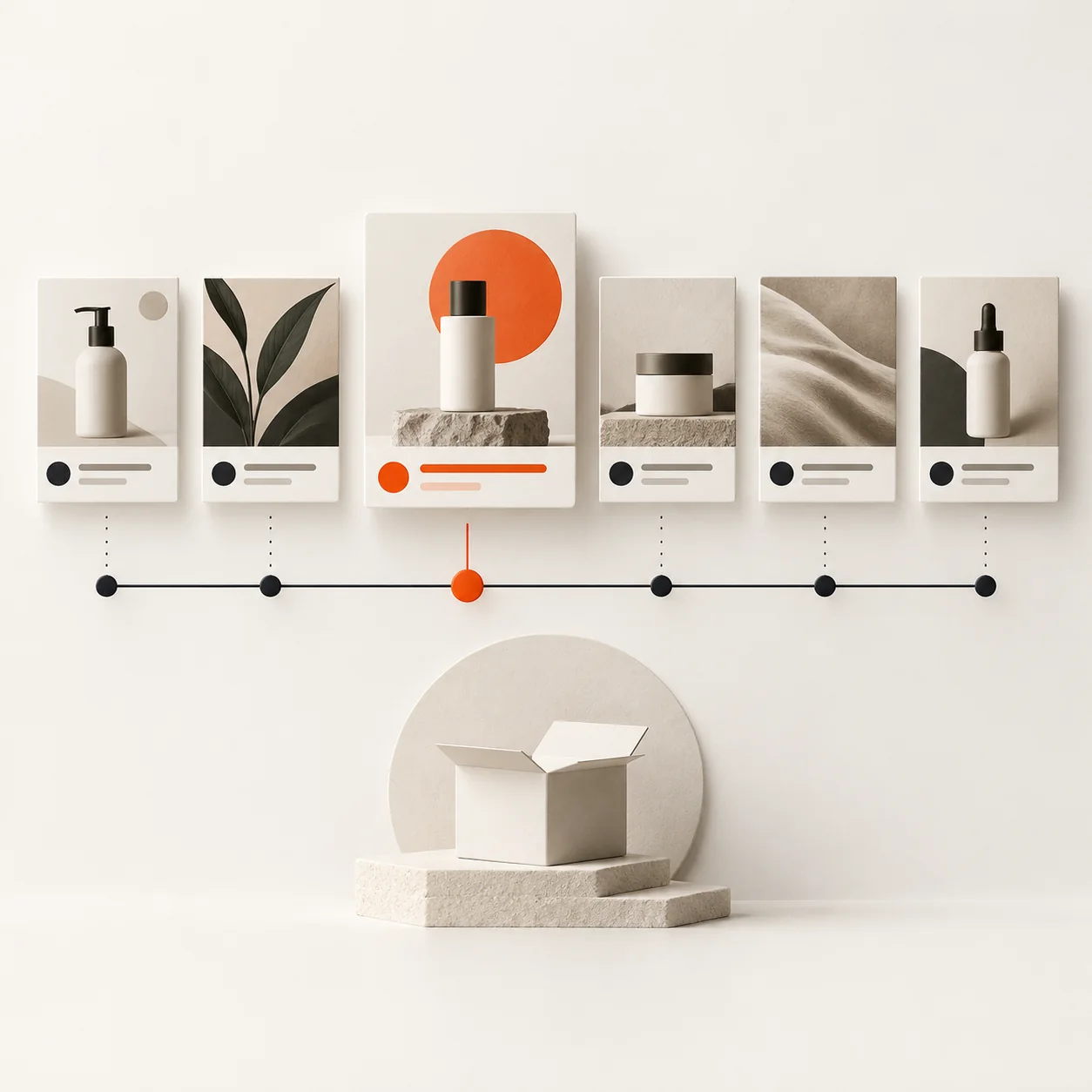 Ad creative cards arranged along a launch timeline